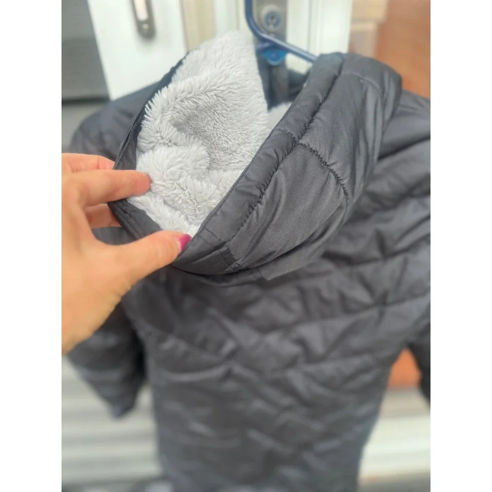 Lands End Girls Black Puffer Jacket Faux Fur Hooded Winter Coat Size M 10-12